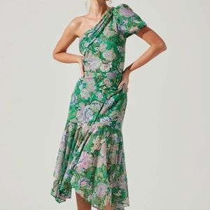 ASTR Santorini One Shoulder Dress in Green Lilac Multi Floral Size S